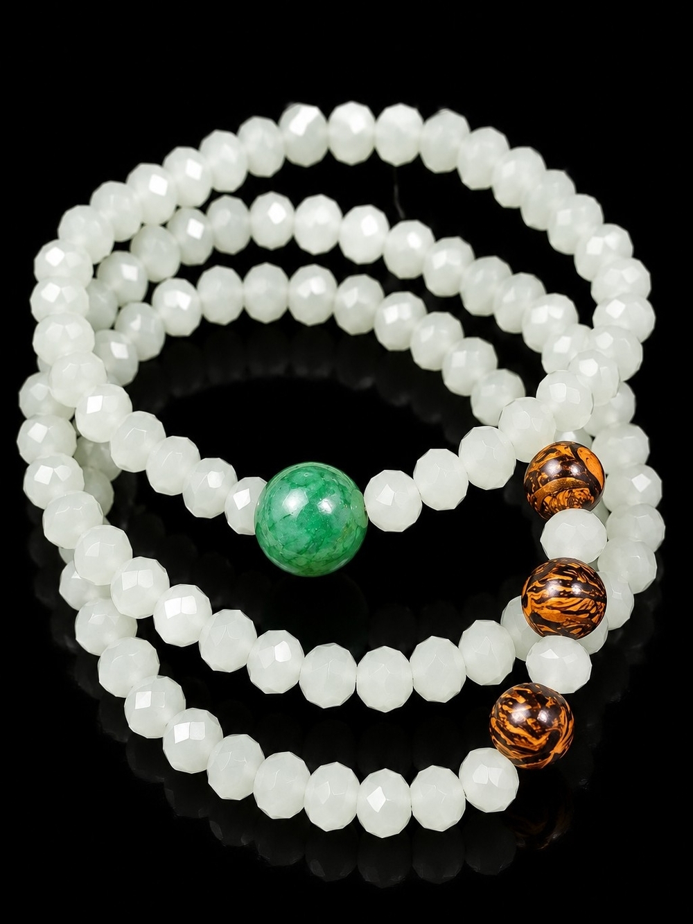 Vintage 80s Beaded Wrap Bracelet with Green Accent and Brown Marbled Beads